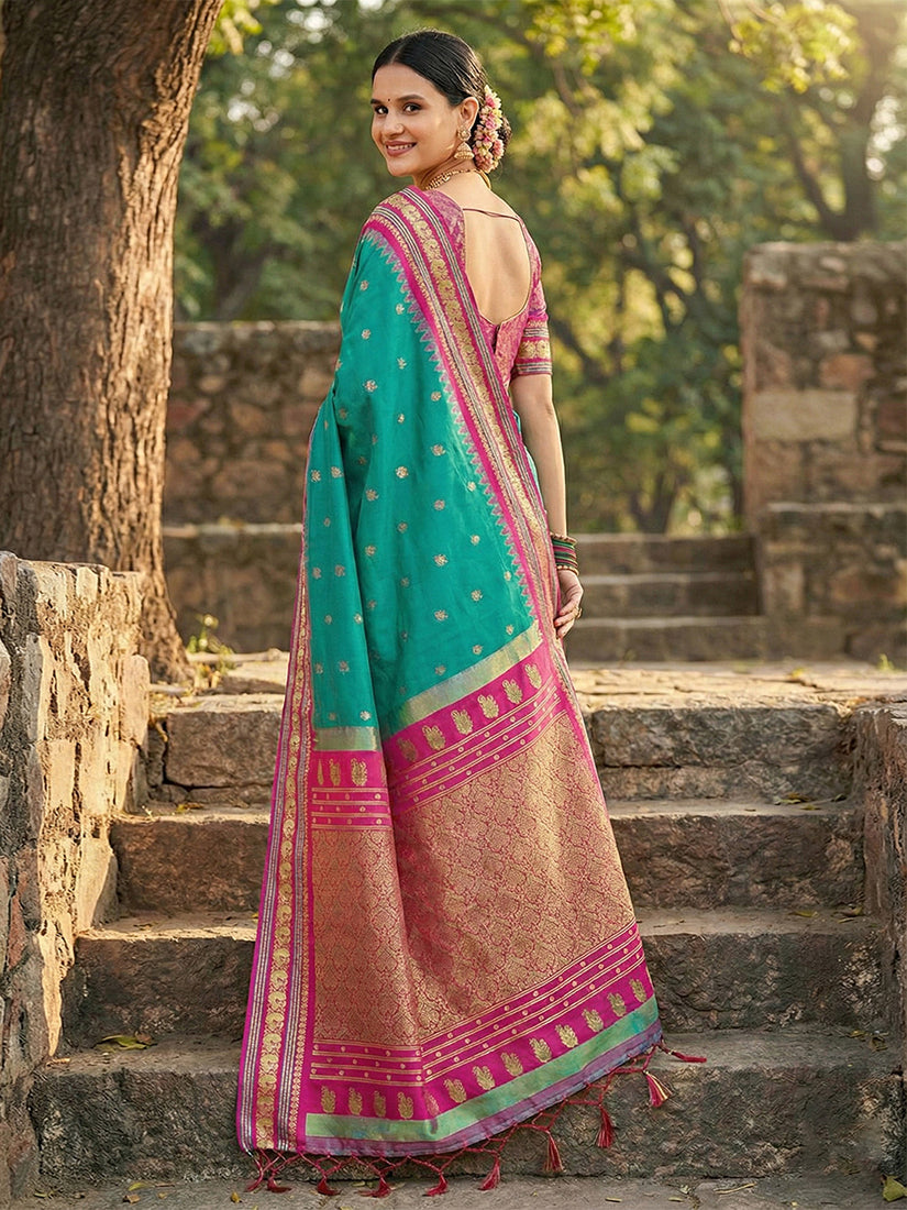 Monjolika Fashion Sea Green Banarasi Silk Blend Saree with Magenta Pink Zari Border | Grocsy