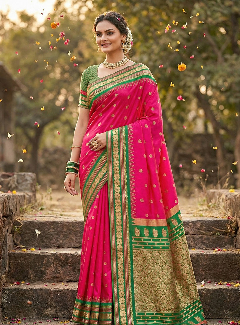 Monjolika Fashion Rani Pink Banarasi Silk Blend Saree with Green Zari Border | Grocsy