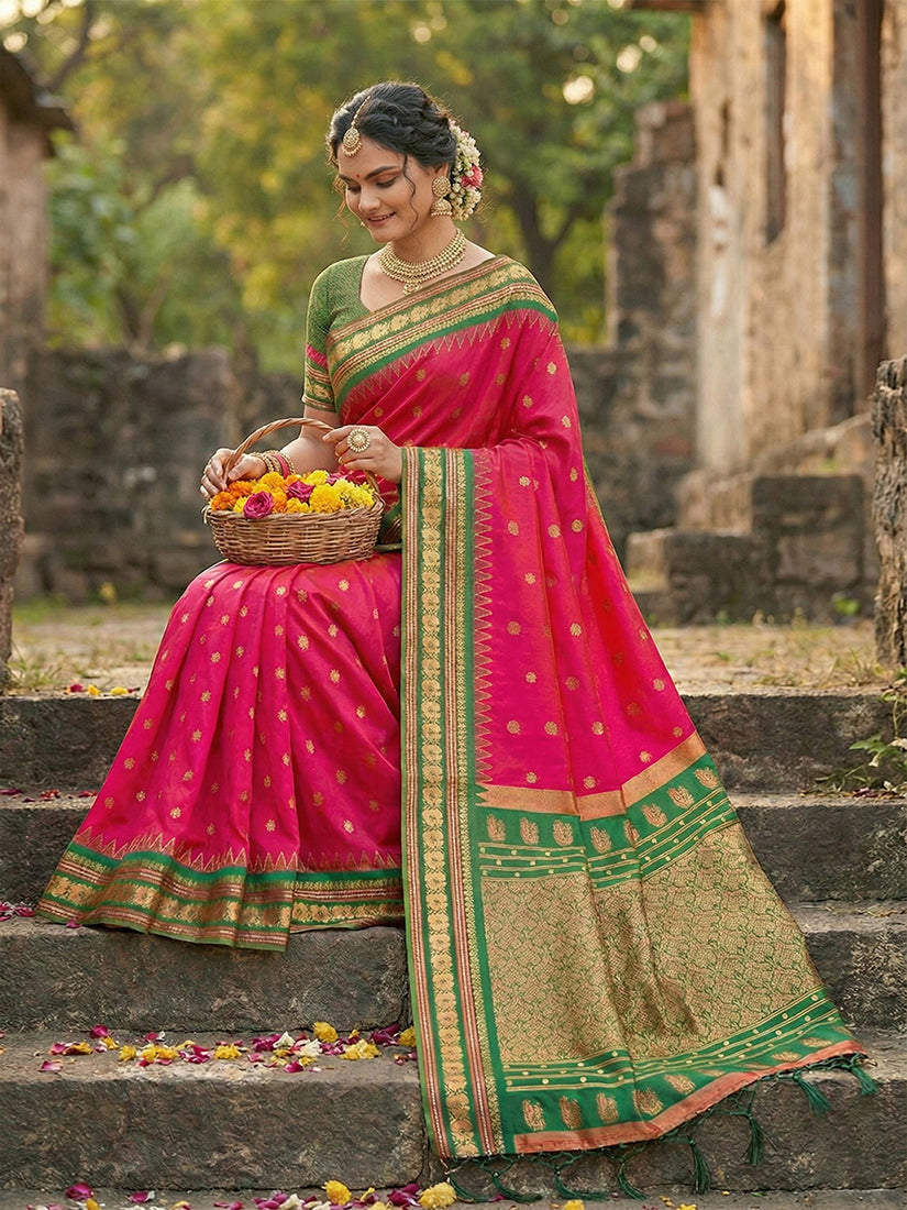 Monjolika Fashion Rani Pink Banarasi Silk Blend Saree with Green Zari Border | Grocsy