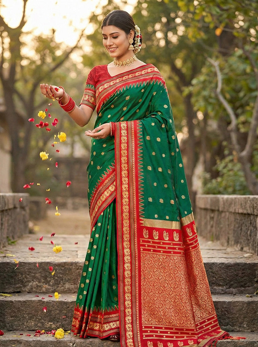 Monjolika Fashion Dark Green Banarasi Silk Blend Saree with Red Zari Border | Grocsy