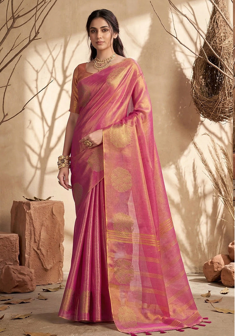 Monjolika Fashion Onion Pink Tissue Silk Blend Saree with Gold Zari Bootas | Grocsy