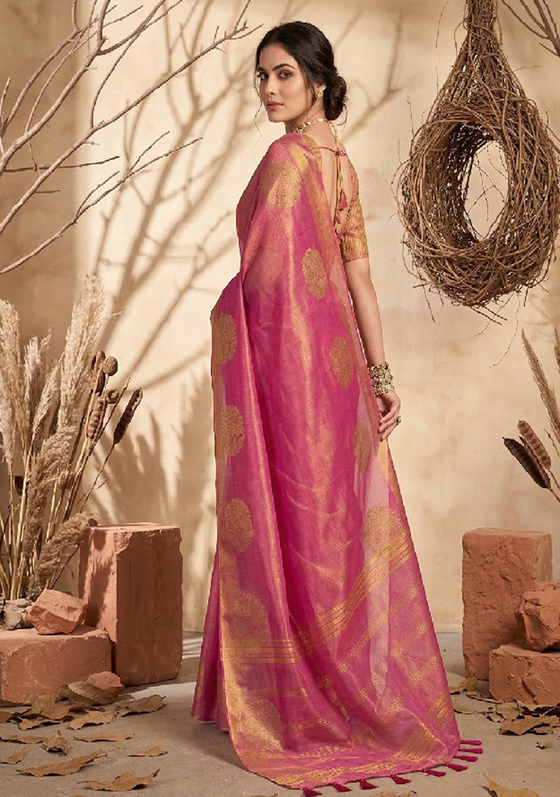 Monjolika Fashion Onion Pink Tissue Silk Blend Saree with Gold Zari Bootas | Grocsy
