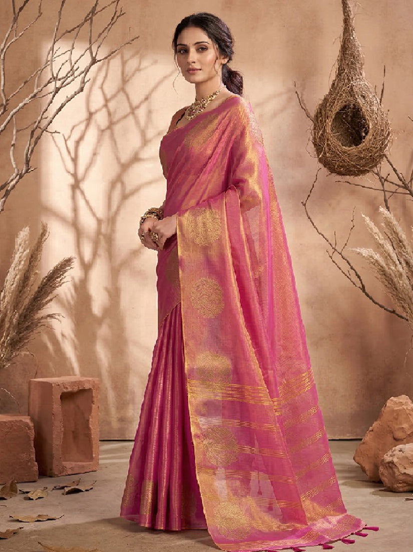 Monjolika Fashion Onion Pink Tissue Silk Blend Saree with Gold Zari Bootas | Grocsy