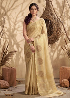 Monjolika Fashion Beige Tissue Silk Blend Saree with Gold Zari Bootas | Grocsy