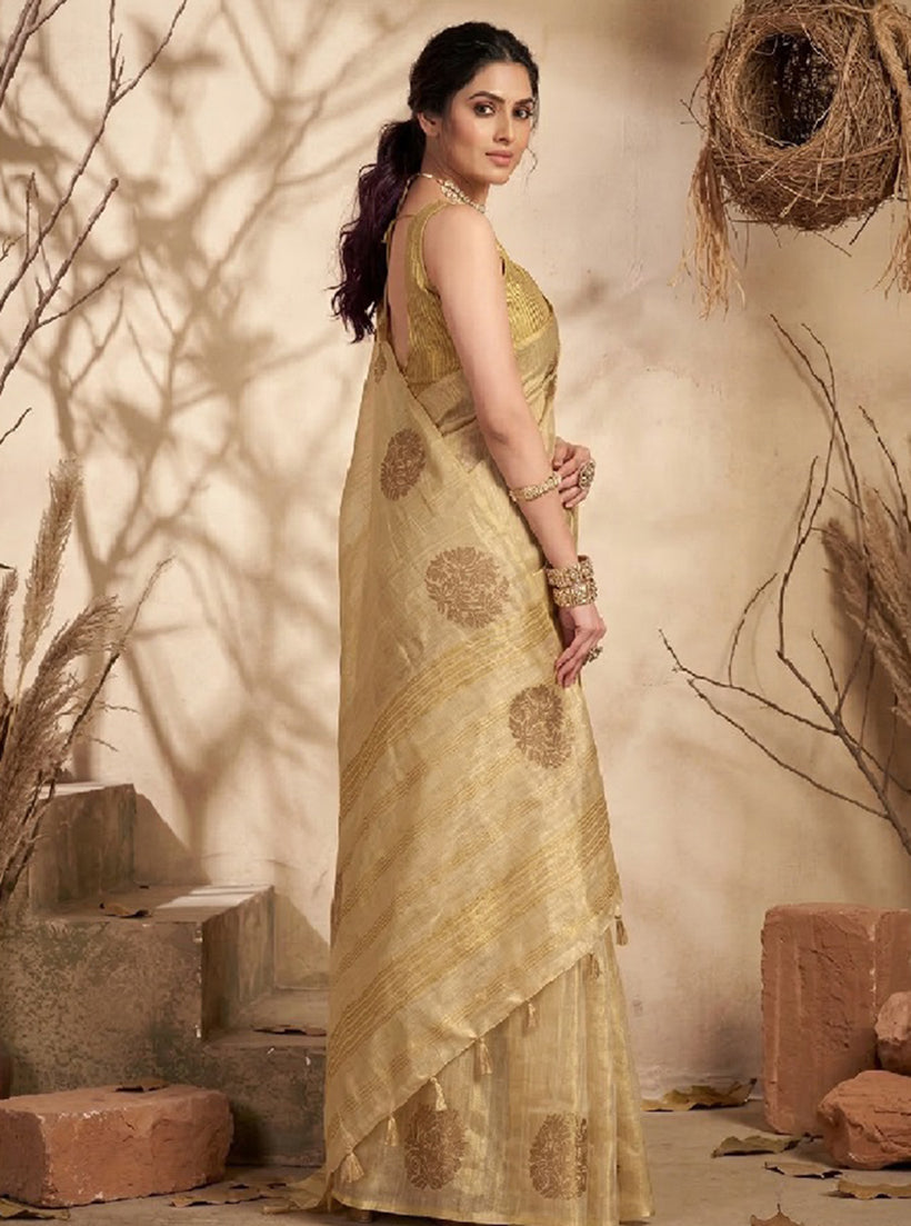 Monjolika Fashion Beige Tissue Silk Blend Saree with Gold Zari Bootas | Grocsy