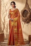 Monjolika Fashion Rust orange Tissue Silk Blend Saree with Gold Zari Bootas | Grocsy