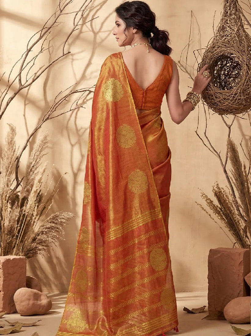 Monjolika Fashion Rust orange Tissue Silk Blend Saree with Gold Zari Bootas | Grocsy