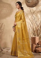 Monjolika Fashion Mustard Tissue Silk Blend Saree with Gold Zari Bootas | Grocsy