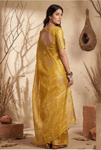 Monjolika Fashion Mustard Tissue Silk Blend Saree with Gold Zari Bootas | Grocsy