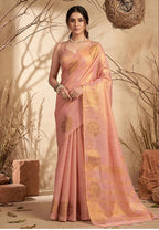 Monjolika Fashion Baby Pink Tissue Silk Blend Saree with Gold Zari Bootas | Grocsy