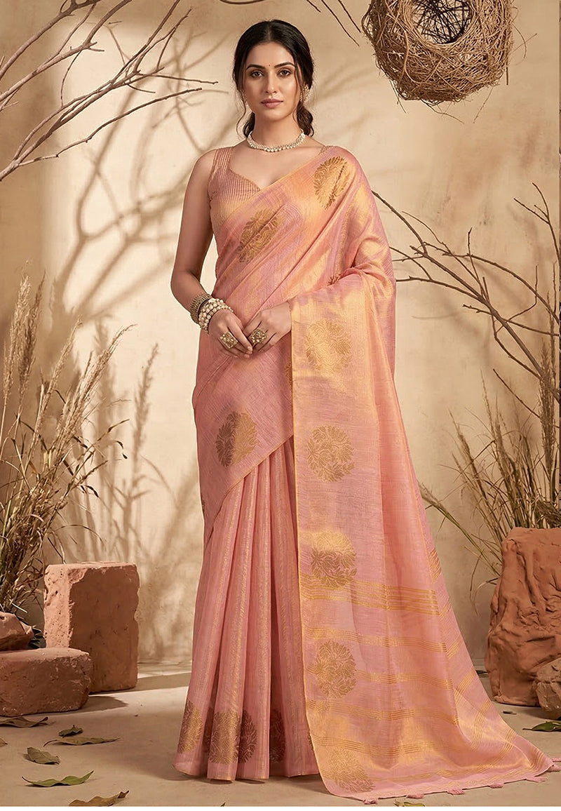 Monjolika Fashion Baby Pink Tissue Silk Blend Saree with Gold Zari Bootas | Grocsy