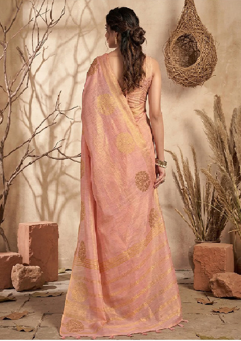 Monjolika Fashion Baby Pink Tissue Silk Blend Saree with Gold Zari Bootas | Grocsy