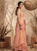 Monjolika Fashion Baby Pink Tissue Silk Blend Saree with Gold Zari Bootas | Grocsy
