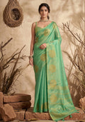 Monjolika Fashion Sea Green Tissue Silk Blend Saree with Gold Zari Bootas | Grocsy