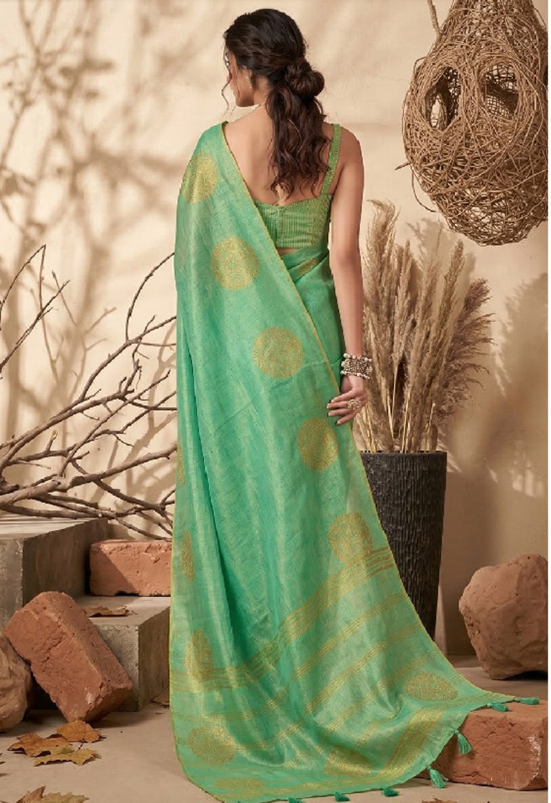 Monjolika Fashion Sea Green Tissue Silk Blend Saree with Gold Zari Bootas | Grocsy
