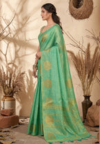 Monjolika Fashion Sea Green Tissue Silk Blend Saree with Gold Zari Bootas | Grocsy
