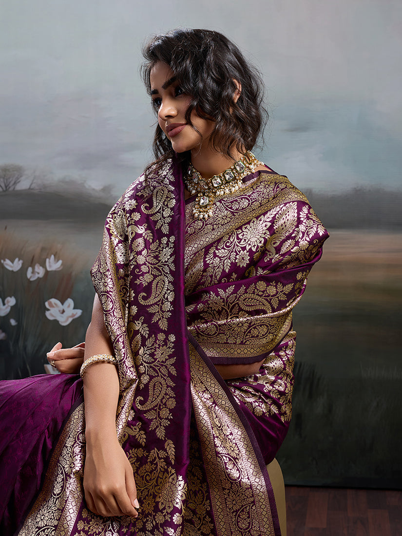Monjolika Fashion Wine Purple Banarasi Silk Blend Saree With Rich Gold Zari Weaving | Grocsy