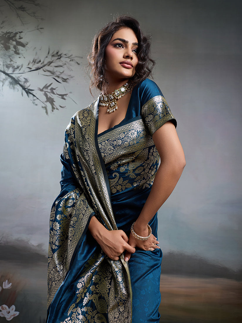 Monjolika Fashion Teal Blue Banarasi Silk Blend Saree With Rich Gold Zari Weaving | Grocsy