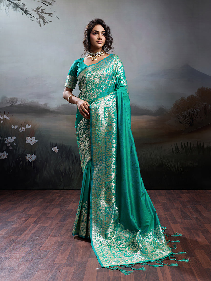 Monjolika Fashion Turquoise Banarasi Silk Blend Saree With Rich Gold Zari Weaving | Grocsy