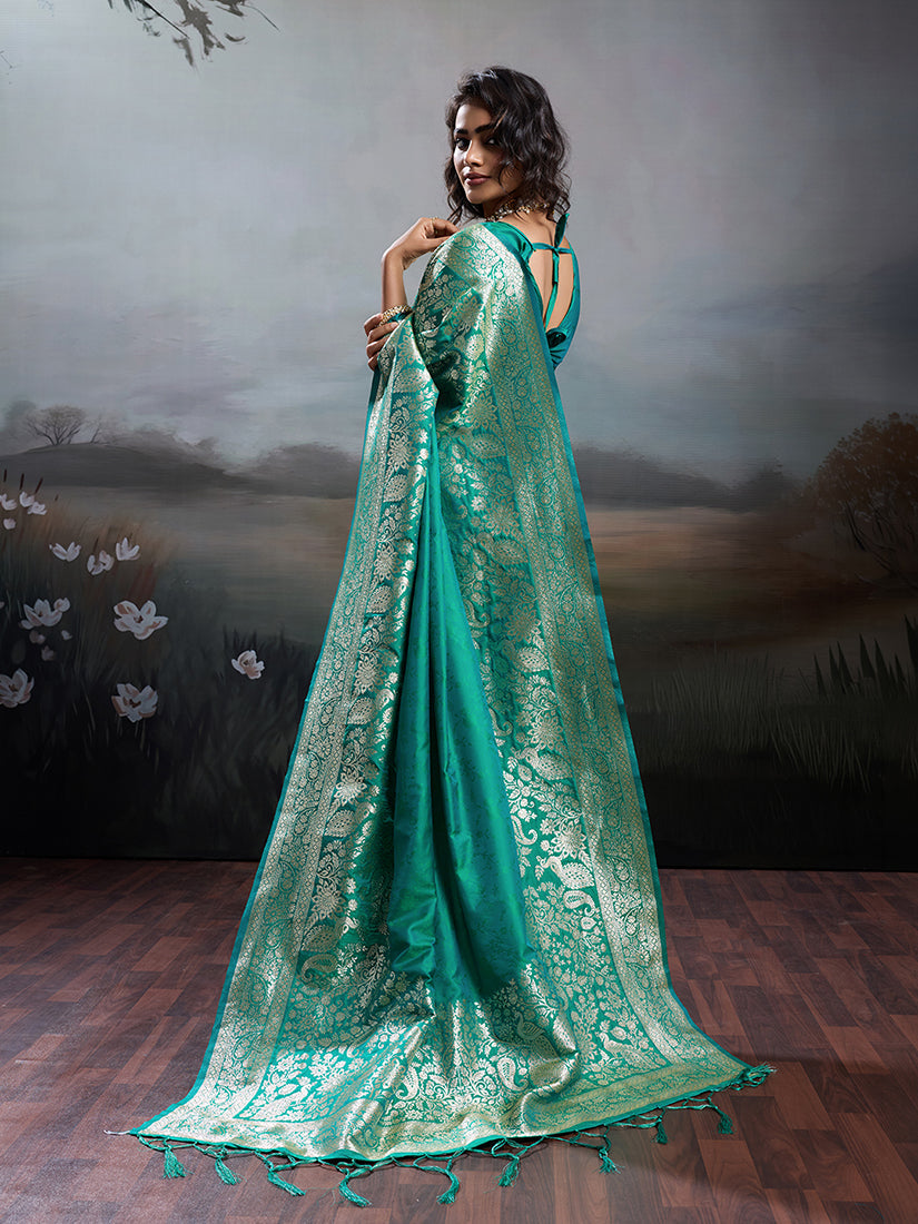 Monjolika Fashion Turquoise Banarasi Silk Blend Saree With Rich Gold Zari Weaving | Grocsy