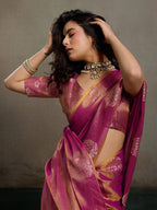 Monjolika Fashion Onion Pink Linen Silk Blend Saree with Gold Zari Bootas and Tassels | Grocsy