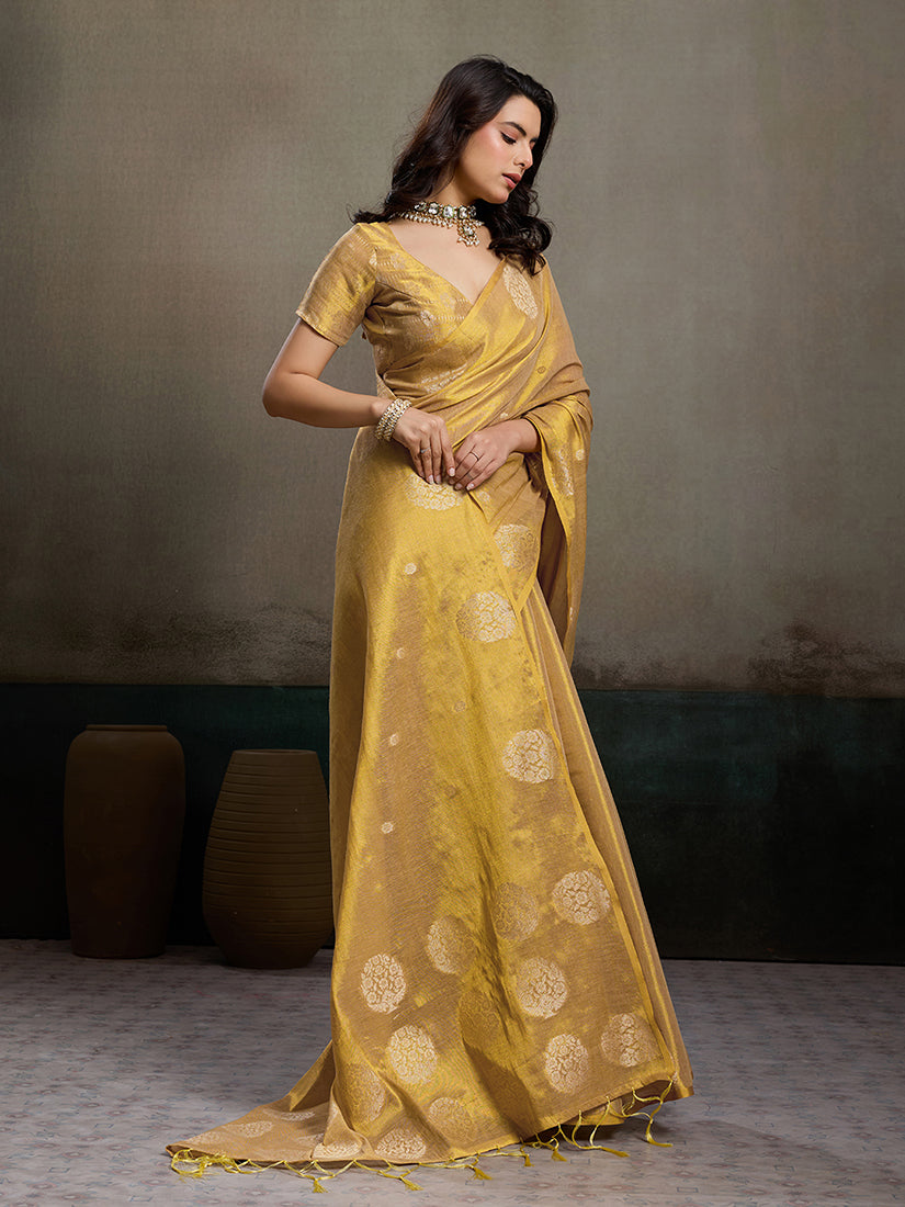 Monjolika Fashion Gold Linen Silk Blend Saree with Gold Zari Bootas and Tassels | Grocsy