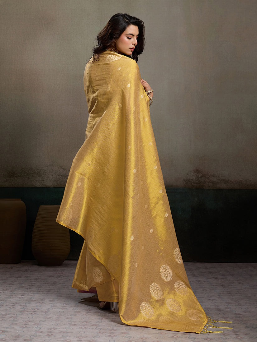 Monjolika Fashion Gold Linen Silk Blend Saree with Gold Zari Bootas and Tassels | Grocsy