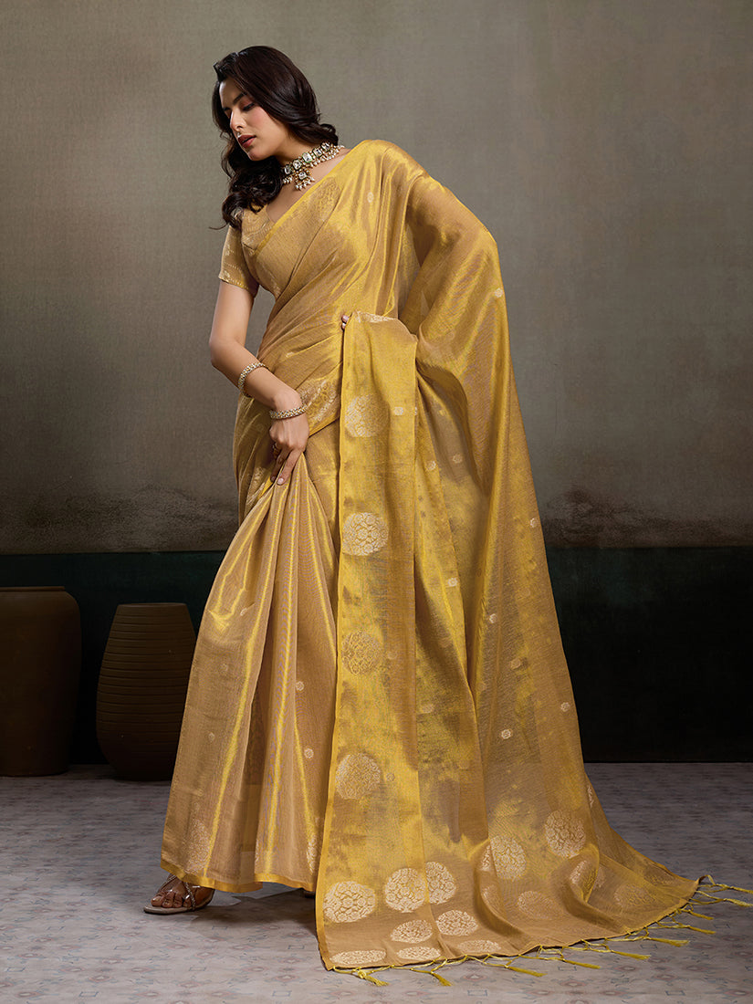 Monjolika Fashion Gold Linen Silk Blend Saree with Gold Zari Bootas and Tassels | Grocsy