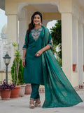 Pramukh Fab Teal Green Color Roman Silk Kurta Set | Grocsy
