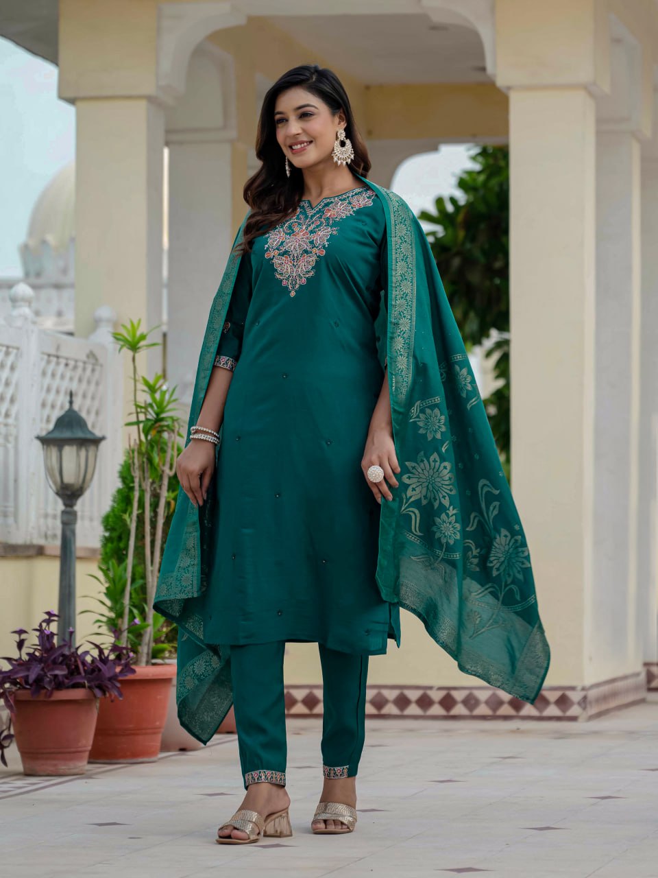 Pramukh Fab Teal Green Color Roman Silk Kurta Set | Grocsy