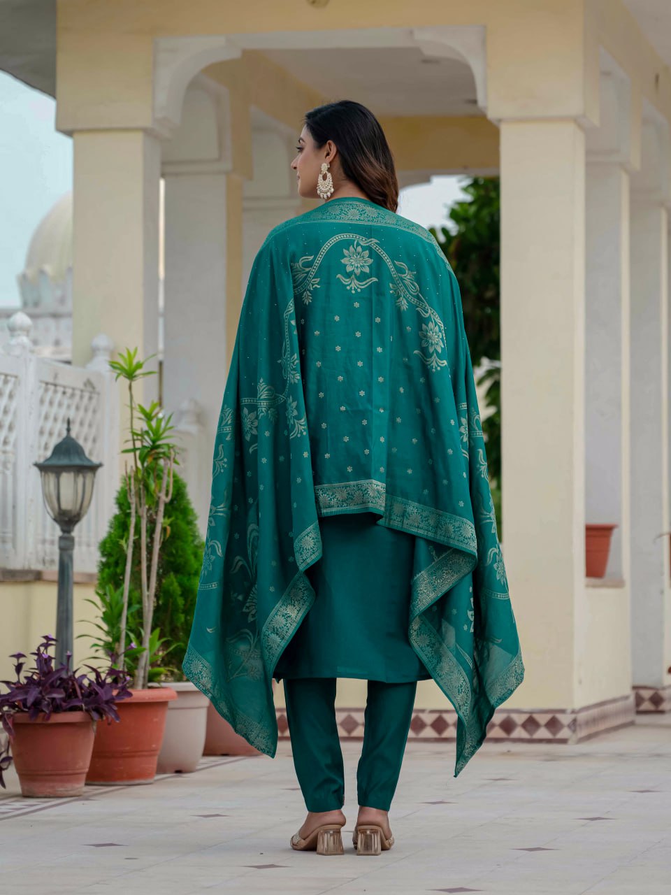 Pramukh Fab Teal Green Color Roman Silk Kurta Set | Grocsy