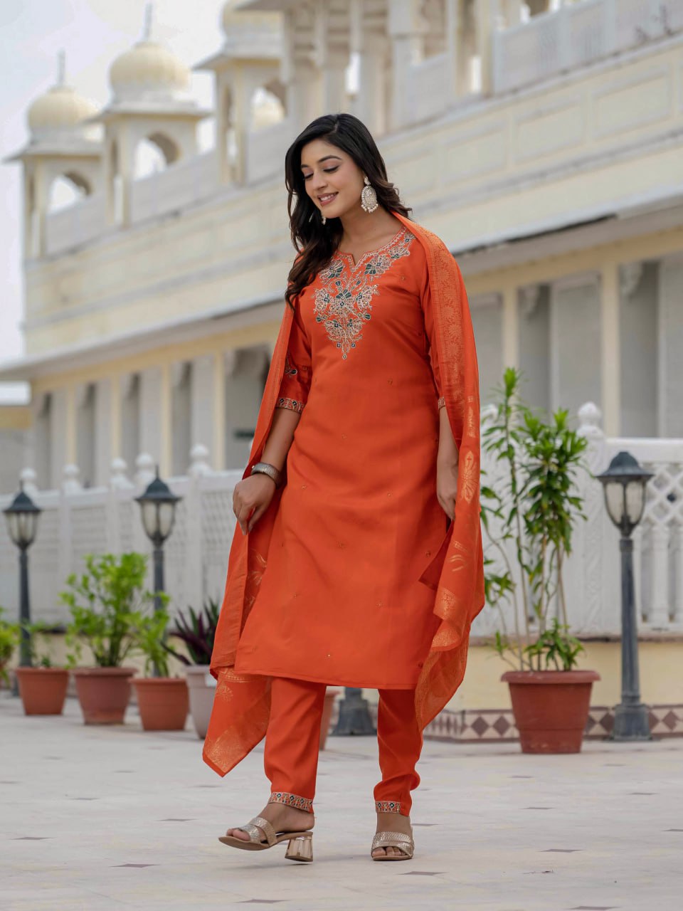 Pramukh Fab Orange Color Roman Silk Kurta Set | Grocsy