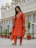 Pramukh Fab Orange Color Roman Silk Kurta Set | Grocsy