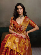 Monjolika Fashion Rust Orange Linen Silk Blend Saree with Gold Zari Bootas and Tassels | Grocsy