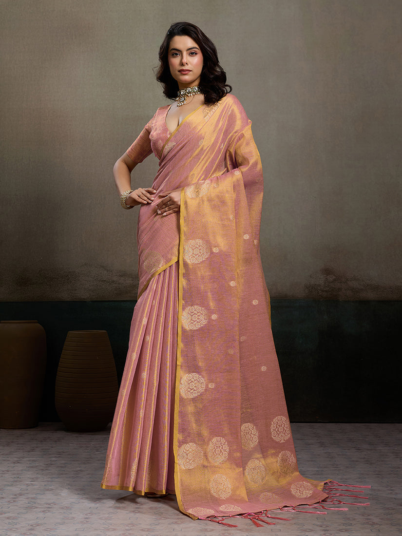 Monjolika Fashion Light Peach Linen Silk Blend Saree with Gold Zari Bootas and Tassels | Grocsy