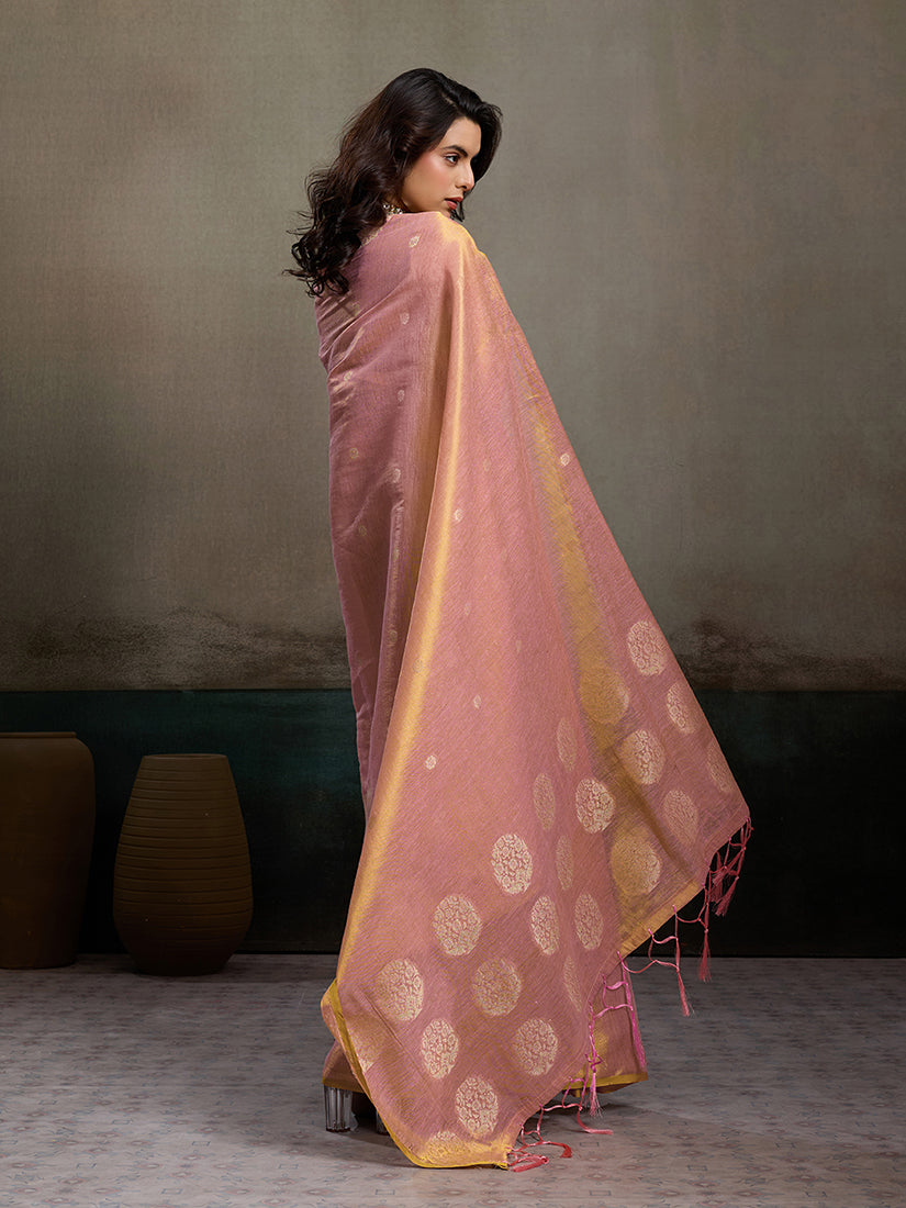 Monjolika Fashion Light Peach Linen Silk Blend Saree with Gold Zari Bootas and Tassels | Grocsy