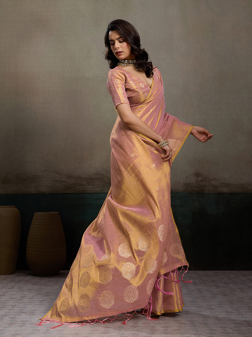 Monjolika Fashion Light Peach Linen Silk Blend Saree with Gold Zari Bootas and Tassels | Grocsy