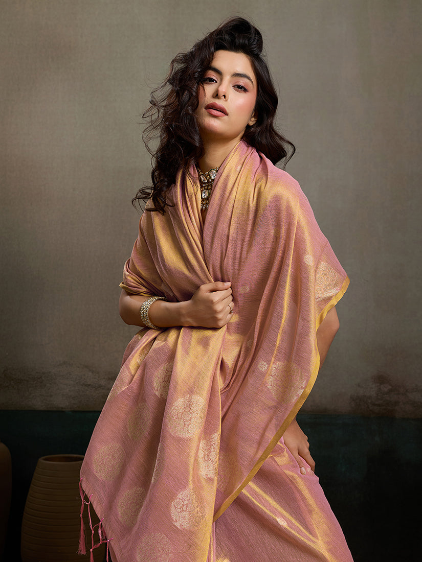 Monjolika Fashion Light Peach Linen Silk Blend Saree with Gold Zari Bootas and Tassels | Grocsy