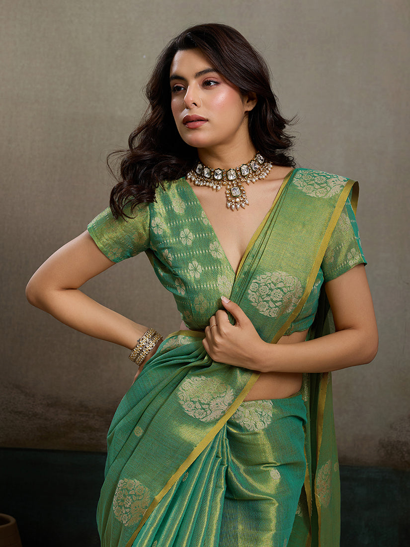 Monjolika Fashion Sea Green Linen Silk Blend Saree with Gold Zari Bootas and Tassels | Grocsy