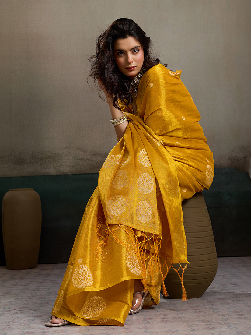 Monjolika Fashion Mustard Yellow Linen Silk Blend Saree with Gold Zari Bootas and Tassels | Grocsy