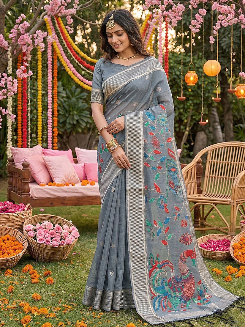 Monjolika Fashion Grey Linen Cotton Saree with Multicolor Meenakari Peacock Weaving | Grocsy