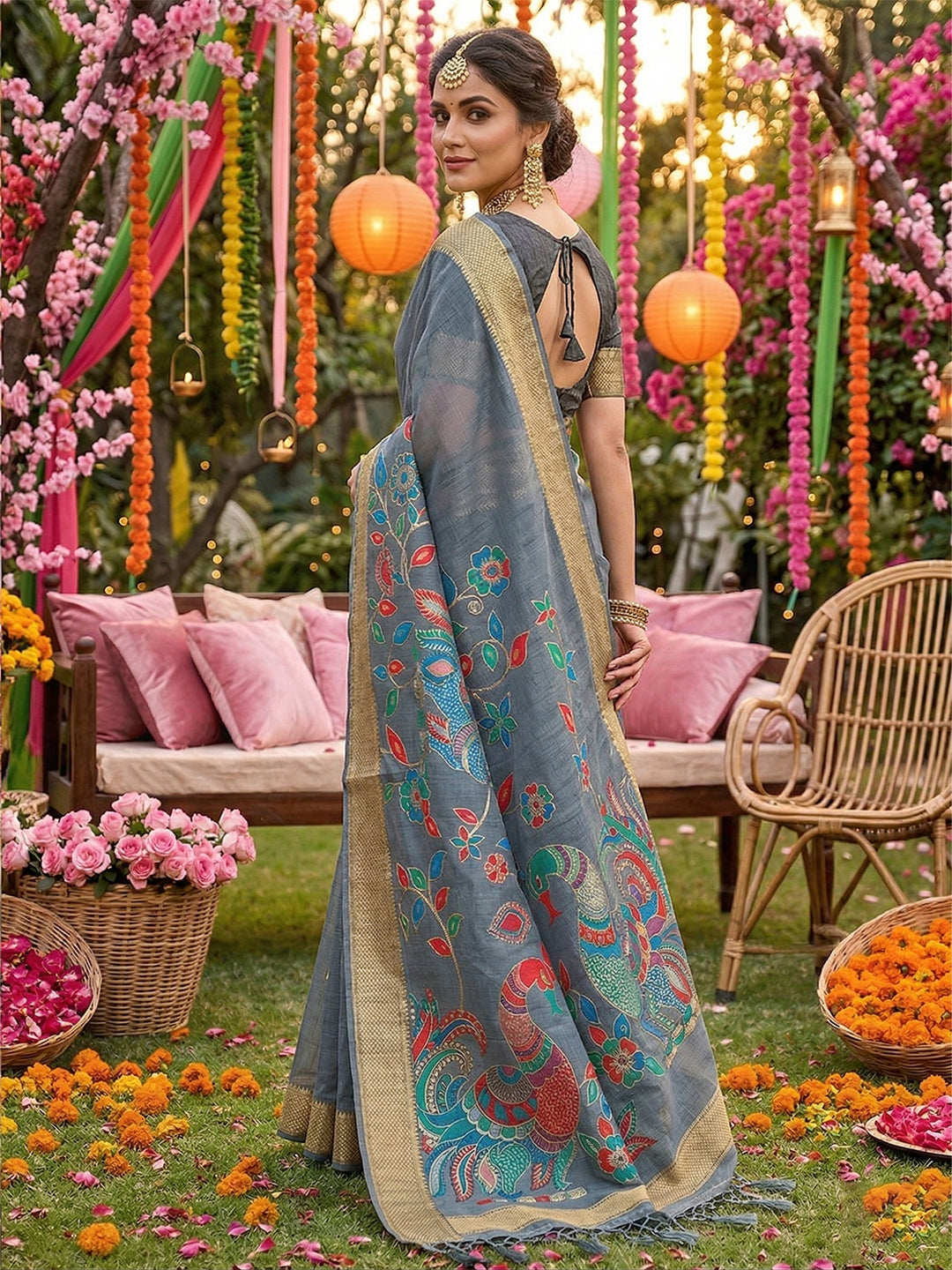 Monjolika Fashion Grey Linen Cotton Saree with Multicolor Meenakari Peacock Weaving | Grocsy