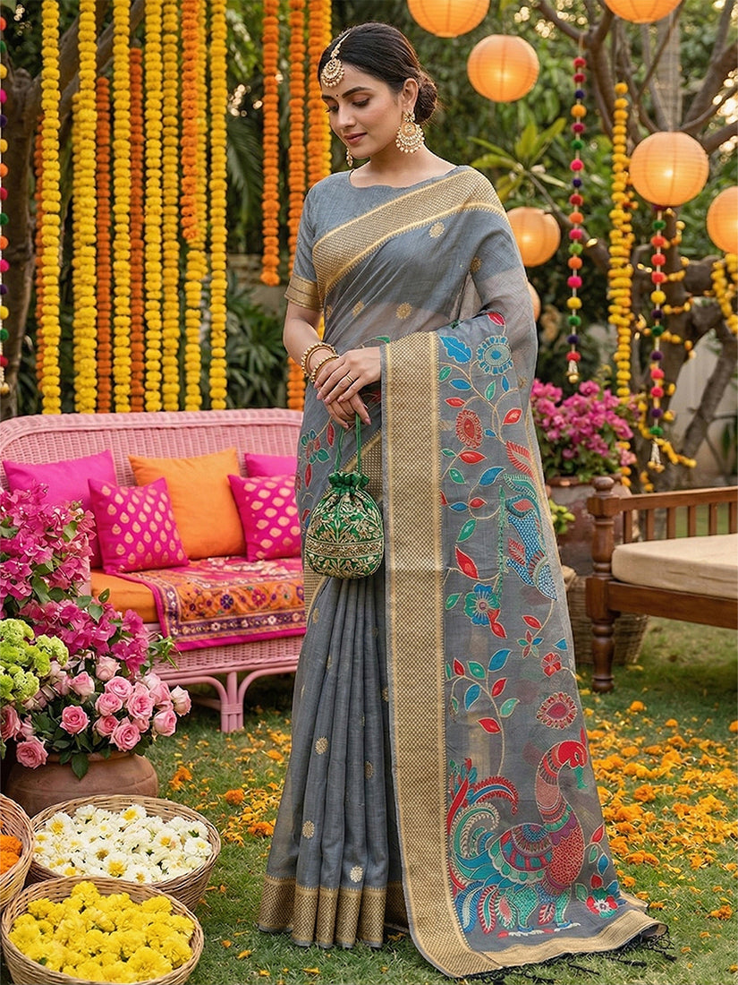 Monjolika Fashion Grey Linen Cotton Saree with Multicolor Meenakari Peacock Weaving | Grocsy