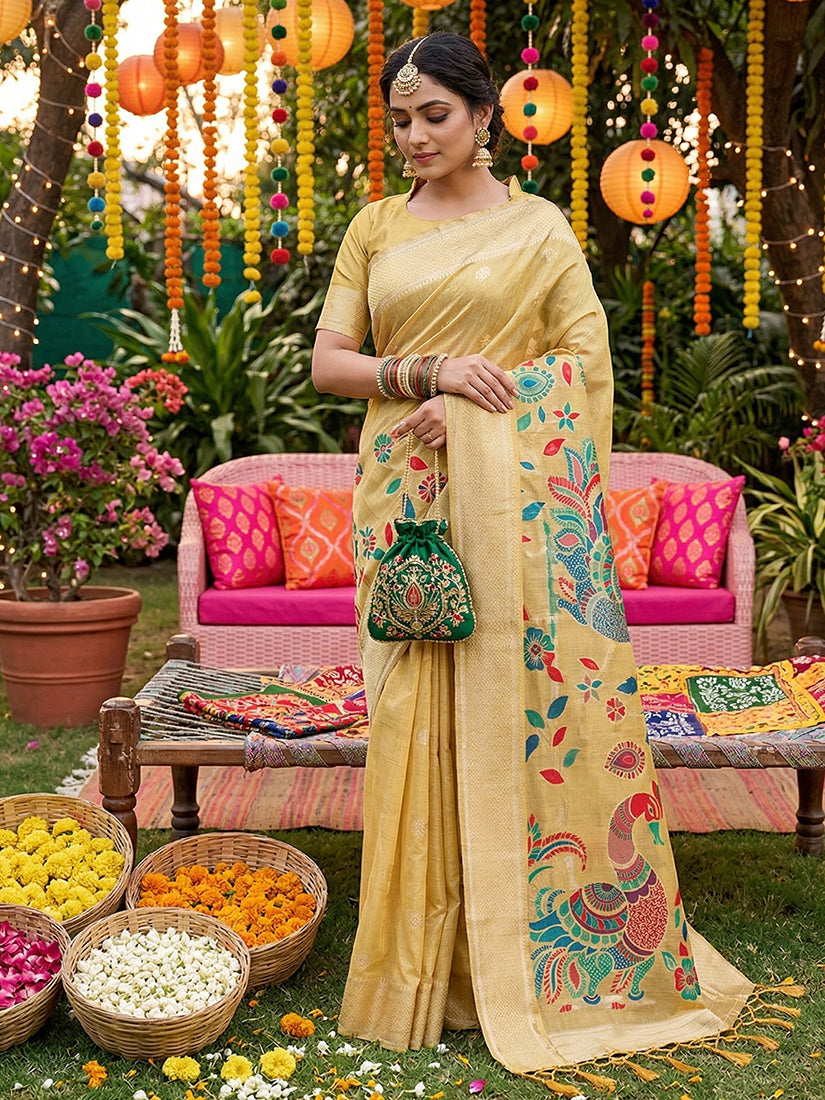 Monjolika Fashion Light Yellow Linen Cotton Saree with Multicolor Meenakari Peacock Weaving | Grocsy