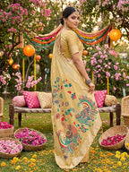 Monjolika Fashion Light Yellow Linen Cotton Saree with Multicolor Meenakari Peacock Weaving | Grocsy