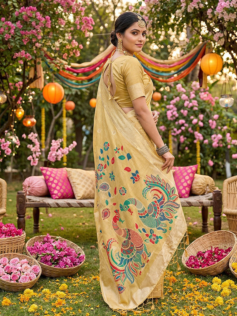 Monjolika Fashion Light Yellow Linen Cotton Saree with Multicolor Meenakari Peacock Weaving | Grocsy