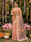 Monjolika Fashion Peach Linen Cotton Saree with Multicolor Meenakari Peacock Weaving | Grocsy