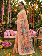 Monjolika Fashion Peach Linen Cotton Saree with Multicolor Meenakari Peacock Weaving | Grocsy