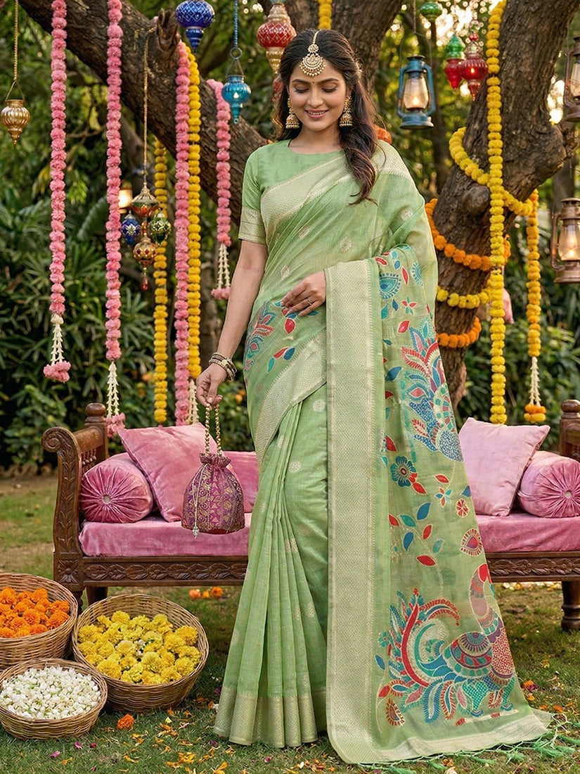 Monjolika Fashion Mint Green Linen Cotton Saree with Multicolor Meenakari Peacock Weaving | Grocsy