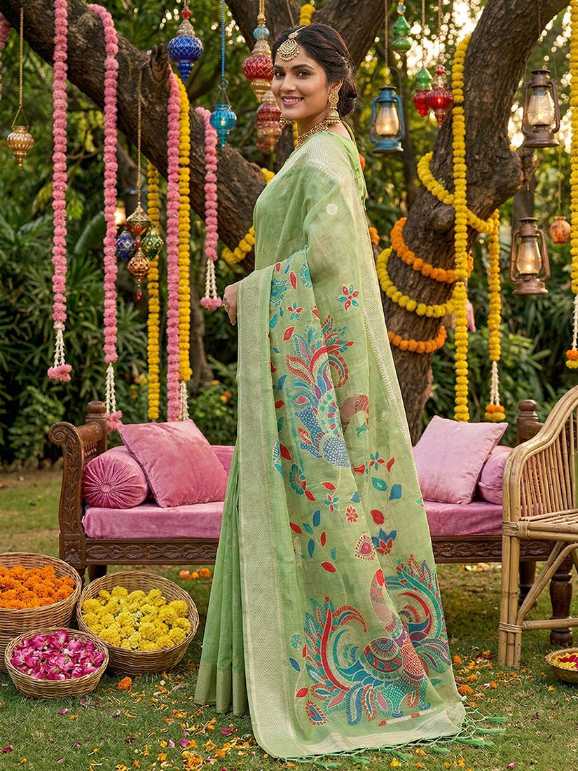 Monjolika Fashion Mint Green Linen Cotton Saree with Multicolor Meenakari Peacock Weaving | Grocsy